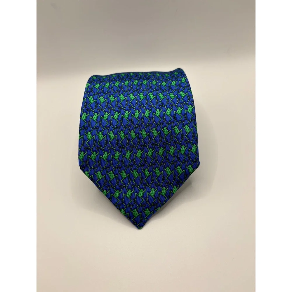 Eximious of London Mens Silk Tie Blue Green Frog Animal Print Made in Italy